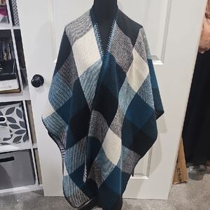 Plaid Poncho Wrap in Blue and Black
